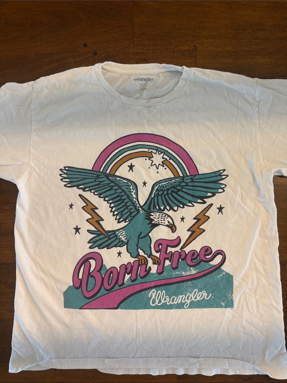Wrangler "Born Free" Graphic Eagle Tee in White & Teal